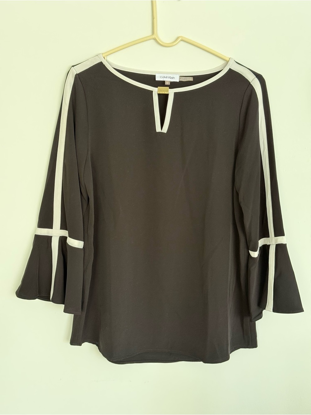 Calvin Klein Black Bell Sleeve Blouse with White Contrast Trim - Size S